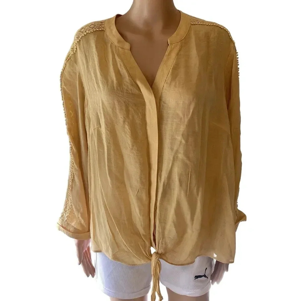 Hope & Harlow Women's Sz 1X Button Up Shirt Long Sleeve Blouse Yellow Casual